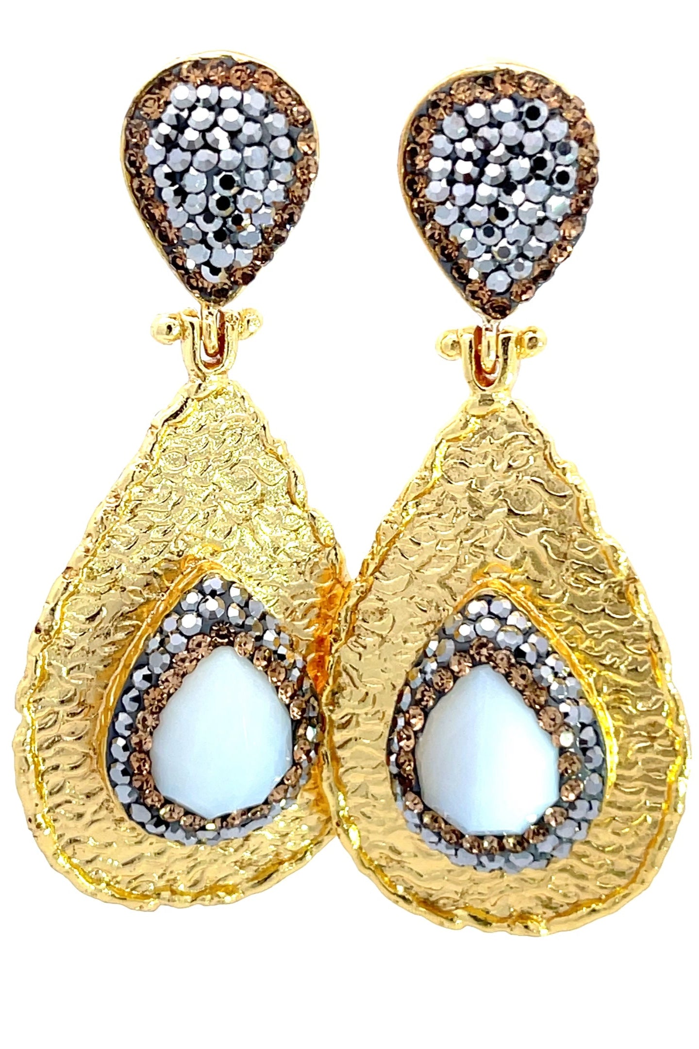 Teardrop Gemstone & Crystal Brass Dangle Earring - Born To Glam Born To Glam