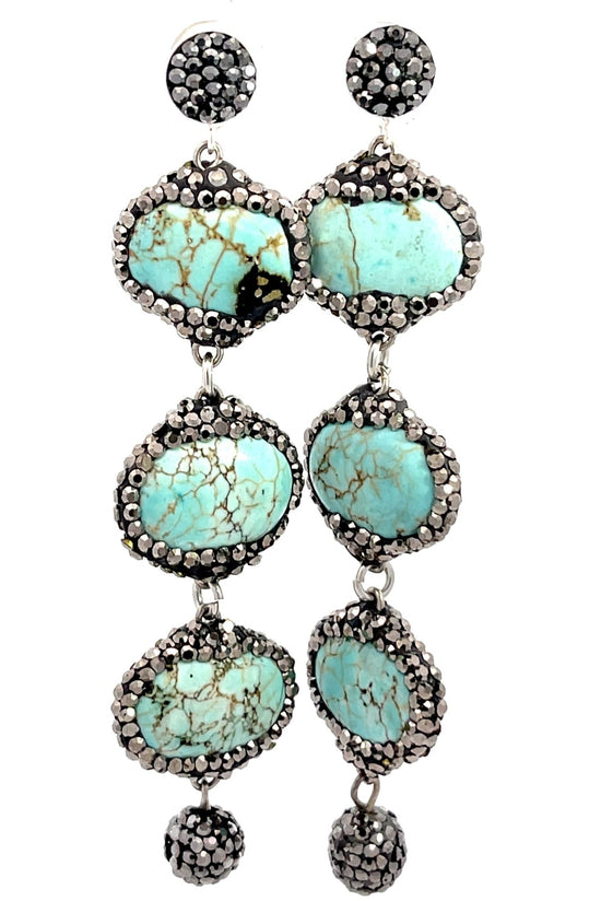 Turquoise Triple Tier Crystal 925 Sterling Silver Dangle Earring - Born To Glam Born To Glam
