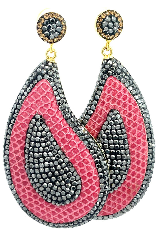 Curved Teardrop Leather & Crystal Drop Earrings - Born To Glam Born To Glam