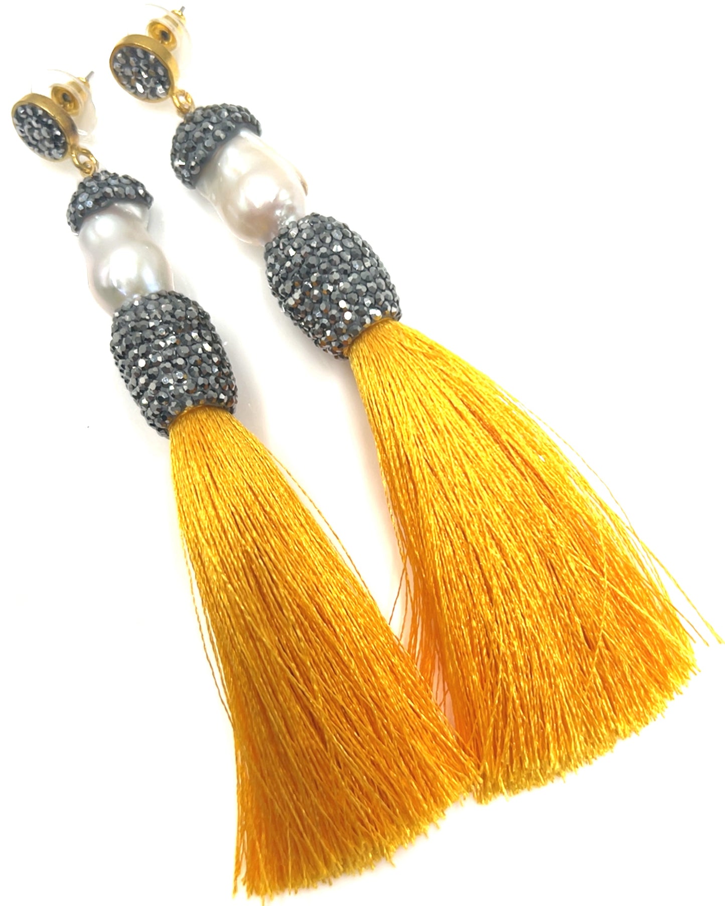 Baroque Cultured Pearl Silver Crystal Gold Plated Tassel Earring - Born To Glam Born To Glam