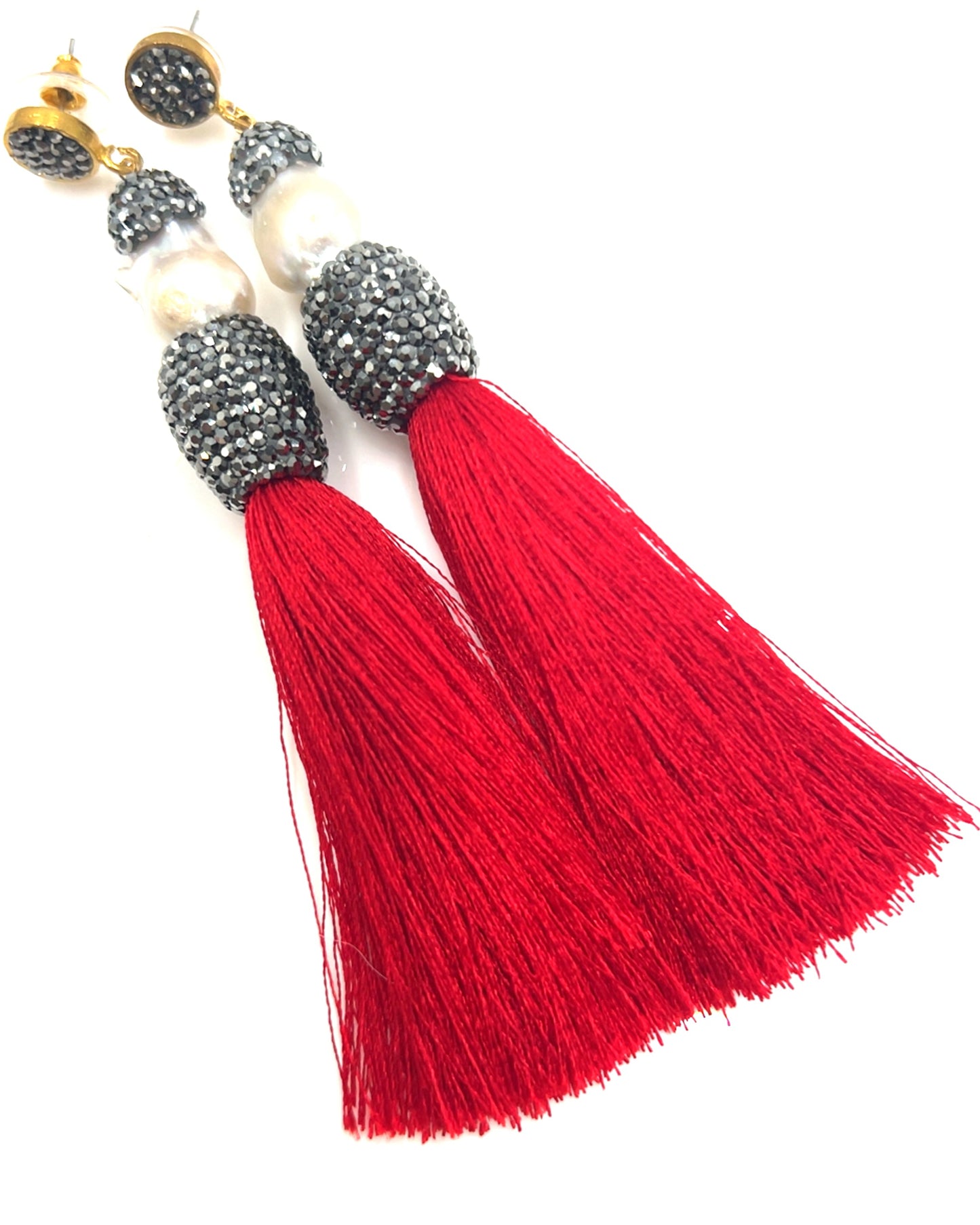 Baroque Cultured Pearl Silver Crystal Gold Plated Tassel Earring - Born To Glam Born To Glam