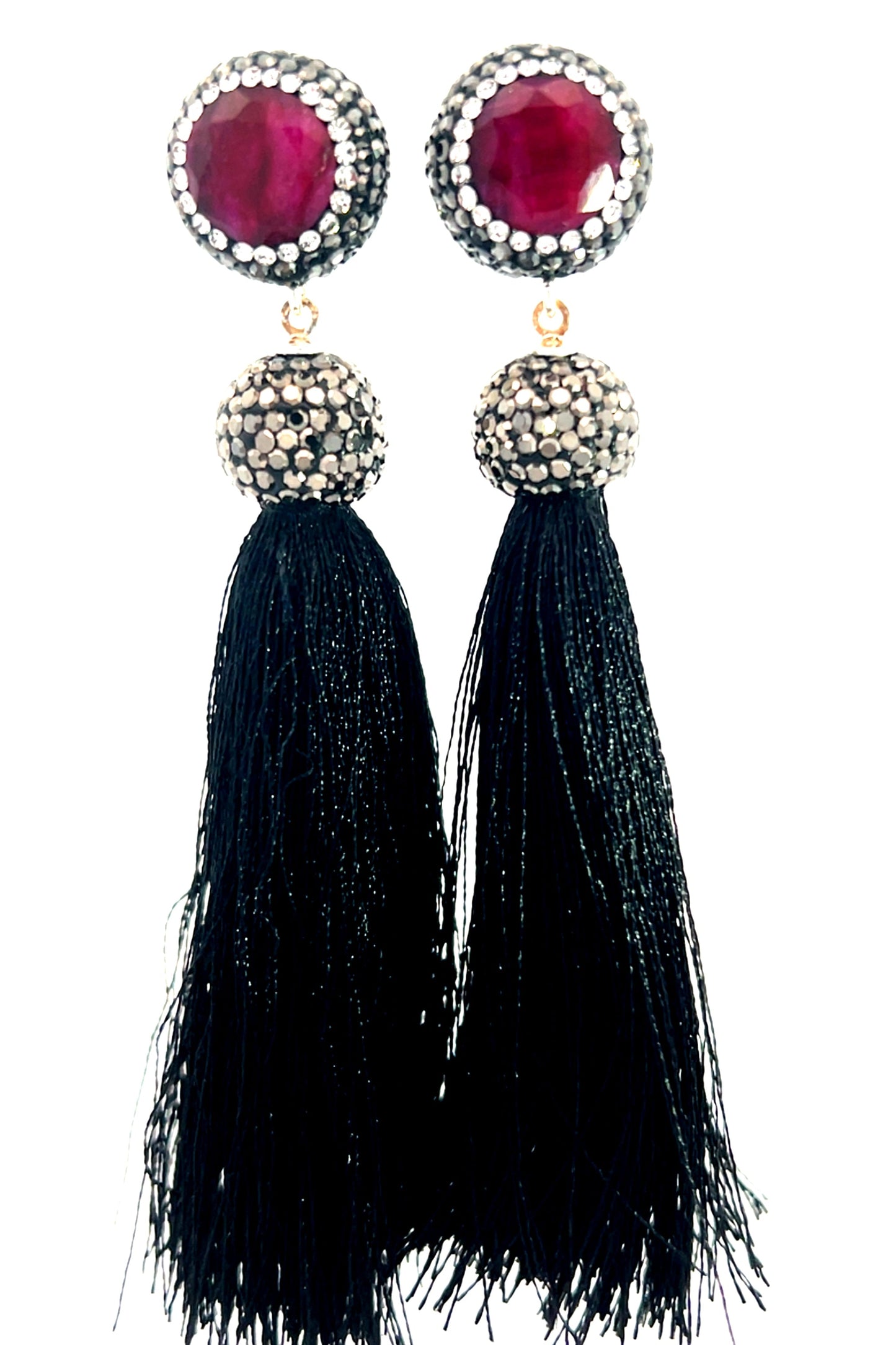 Round Gemstone Long 925 Sterling Silver Tassel Earring - Born To Glam Born To Glam