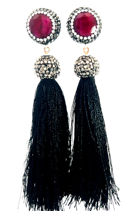 Load image into Gallery viewer, Round Gemstone Long 925 Sterling Silver Tassel Earring - Born To Glam
 Born To Glam