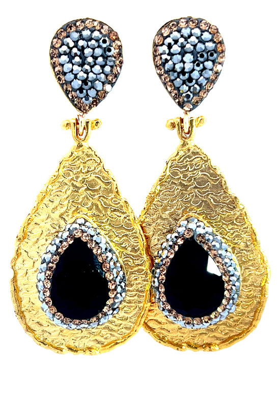 Teardrop Gemstone & Crystal Brass Dangle Earring - Born To Glam Born To Glam