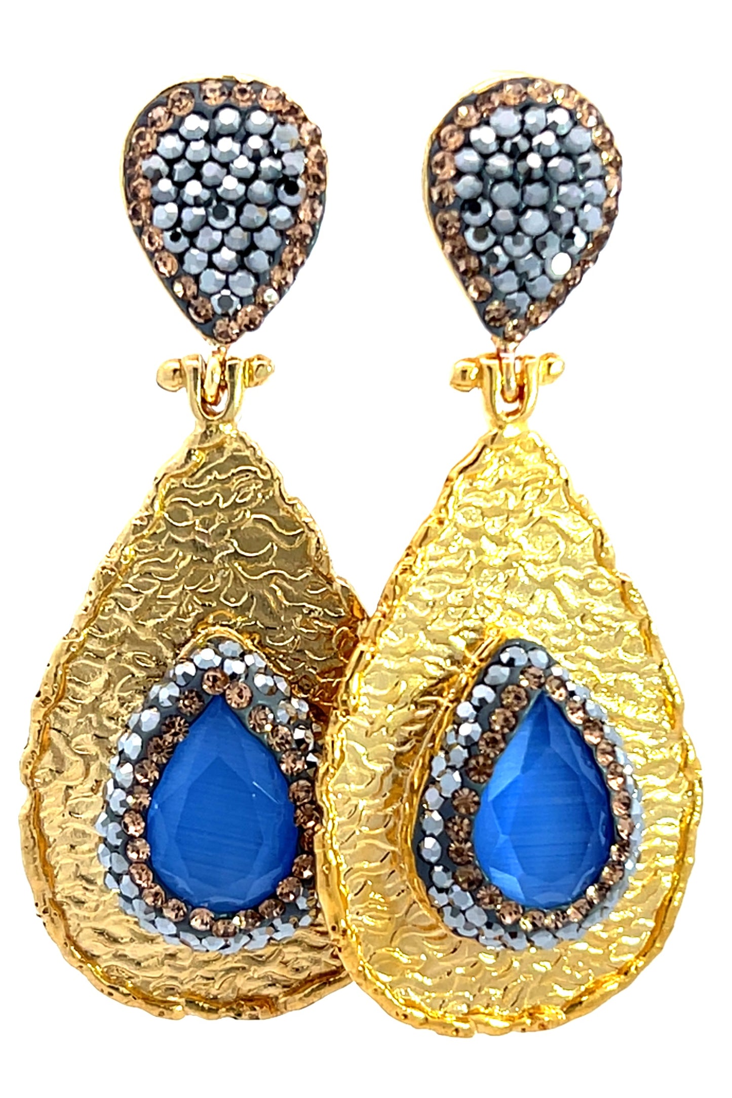 Teardrop Gemstone & Crystal Brass Dangle Earring - Born To Glam Born To Glam