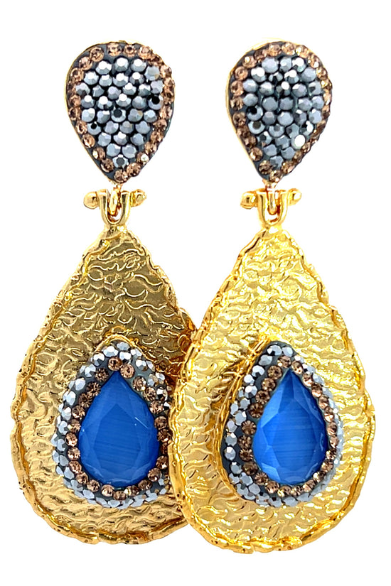 Teardrop Gemstone & Crystal Brass Dangle Earring - Born To Glam Born To Glam