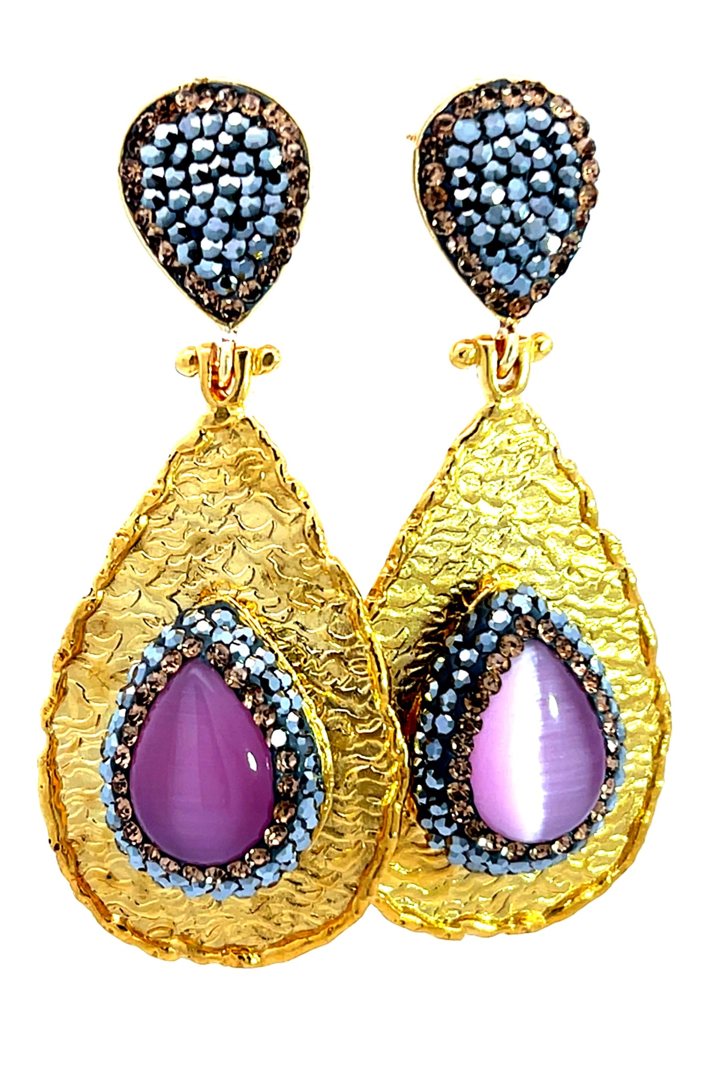 Teardrop Gemstone & Crystal Brass Dangle Earring - Born To Glam Born To Glam