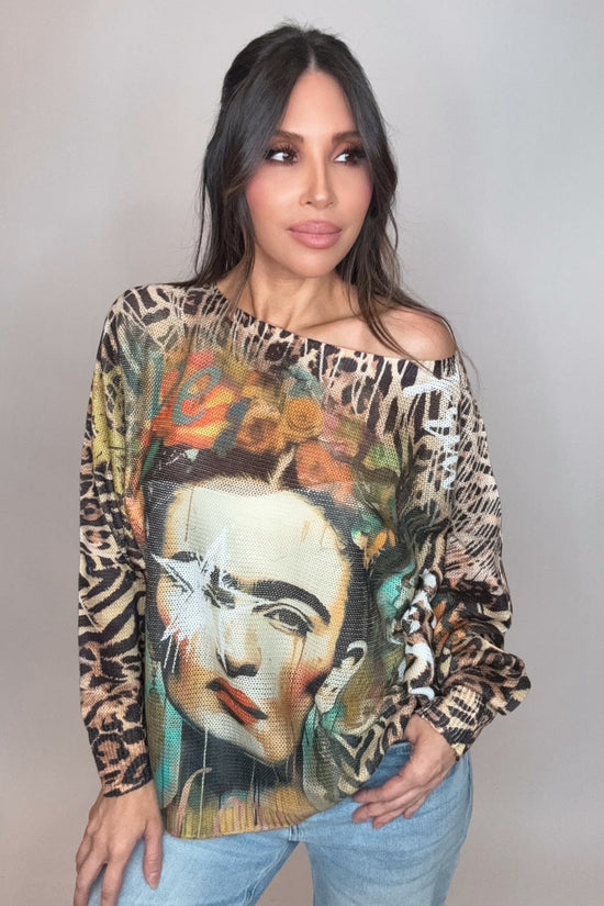 Frida Round Neck Knit Printed Sweater - Born To Glam Born To Glam