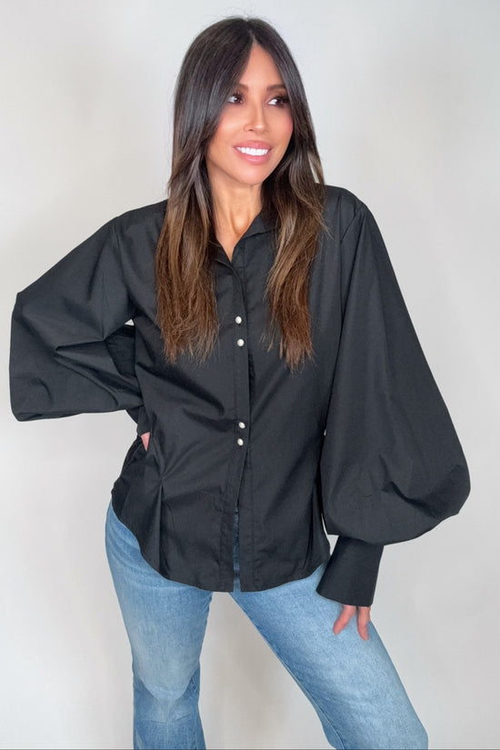 Pearl Button Down Puff Blouse - Born To Glam Born To Glam