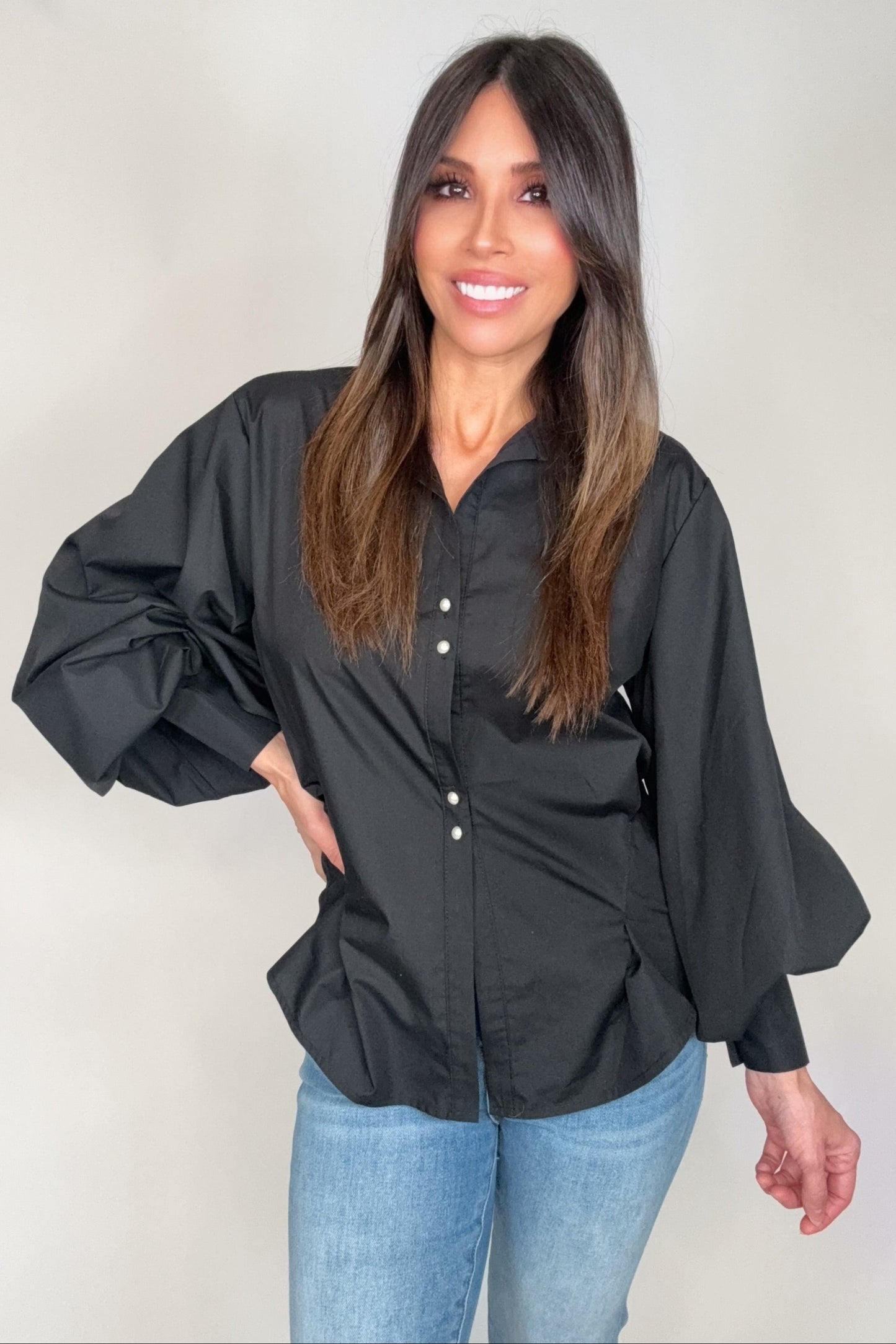 Pearl Button Down Puff Blouse - Born To Glam Born To Glam