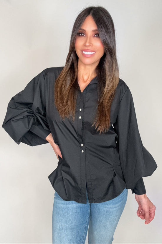 Pearl Button Down Puff Blouse - Born To Glam Born To Glam