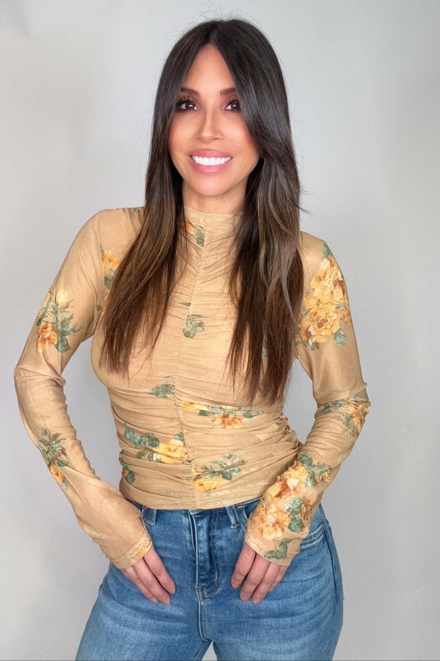 Mustard Floral Mock Neck Ruching Top - Born To Glam Born To Glam