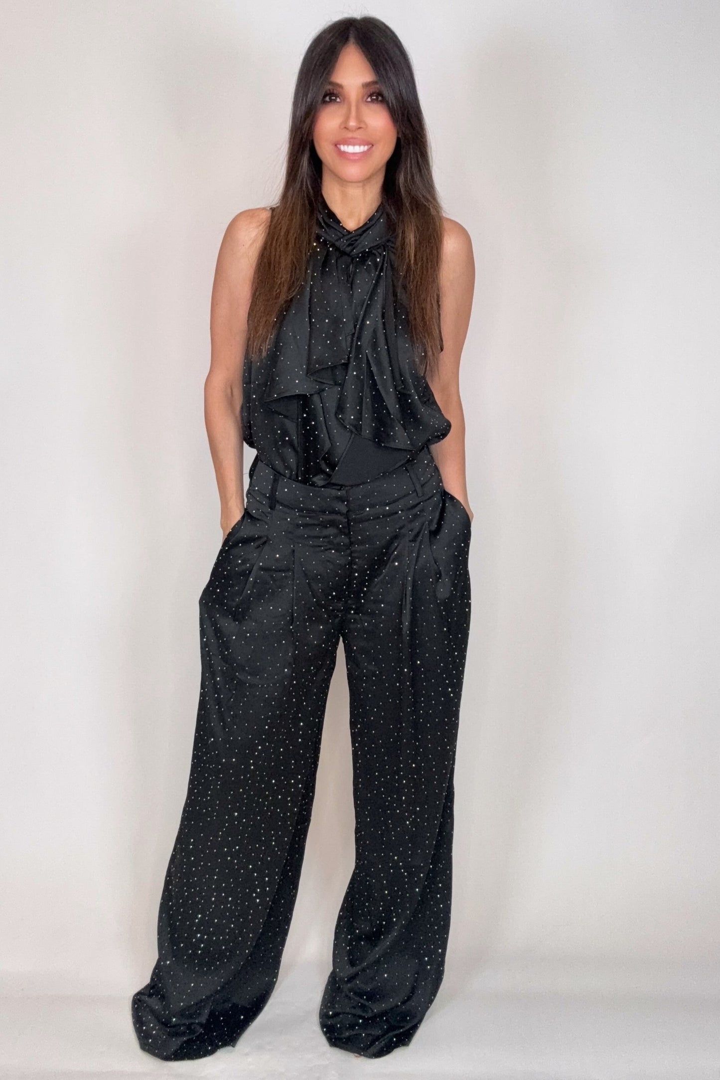 Black High Waist Rhinestone Wide-Leg Pants - Born To Glam Born To Glam