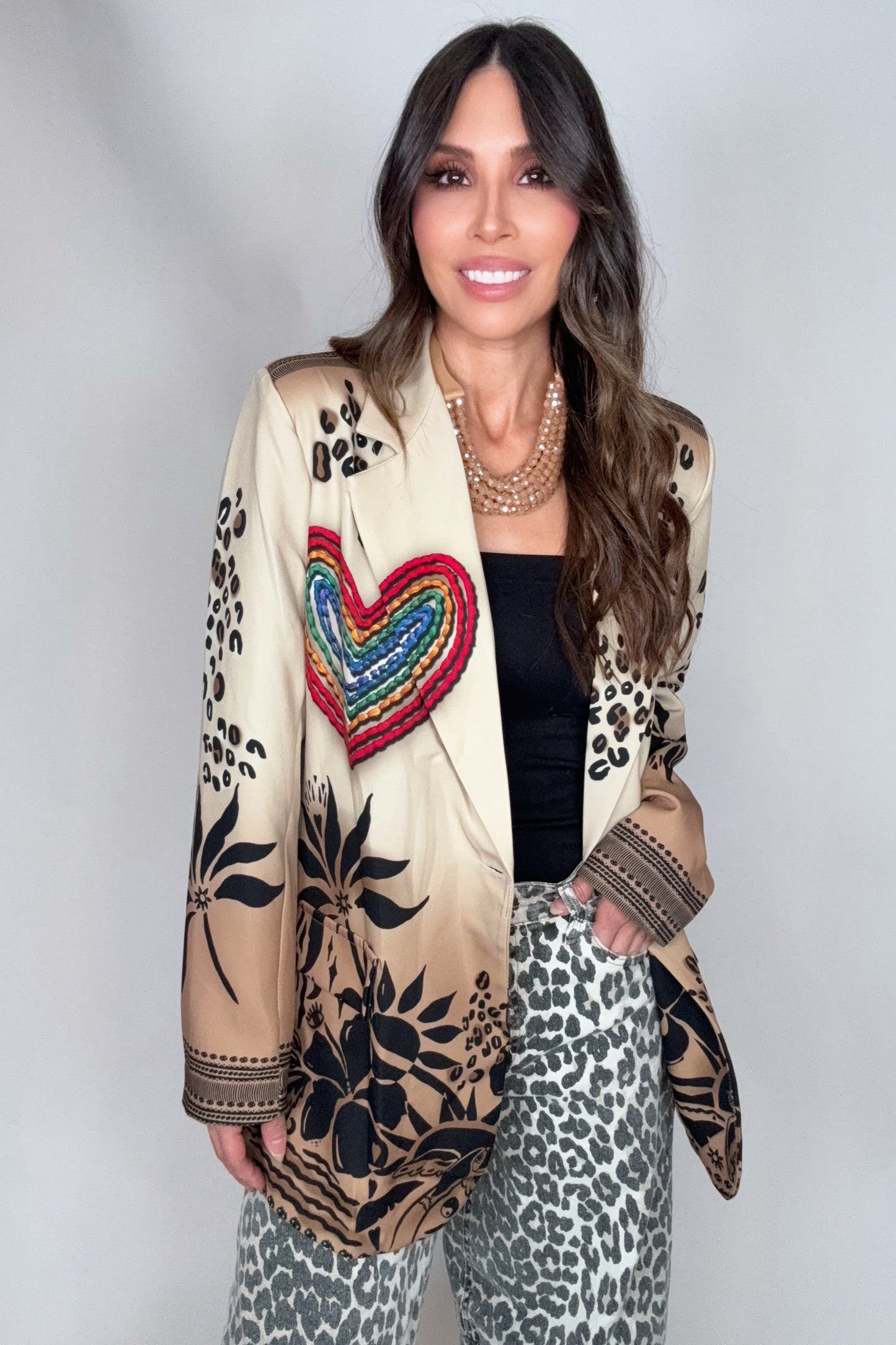 Italian Beige Heart Printed Blazer - Born To Glam Born To Glam
