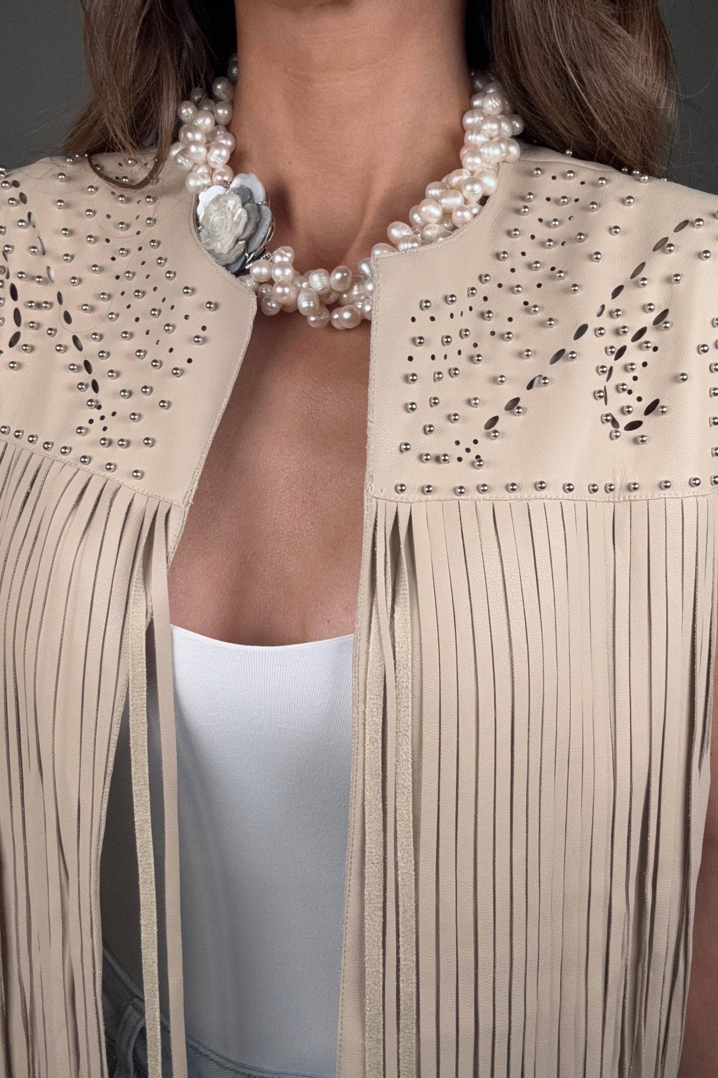 Beaded Yoke Faux Leather Fringe Vest - Born To Glam Born To Glam