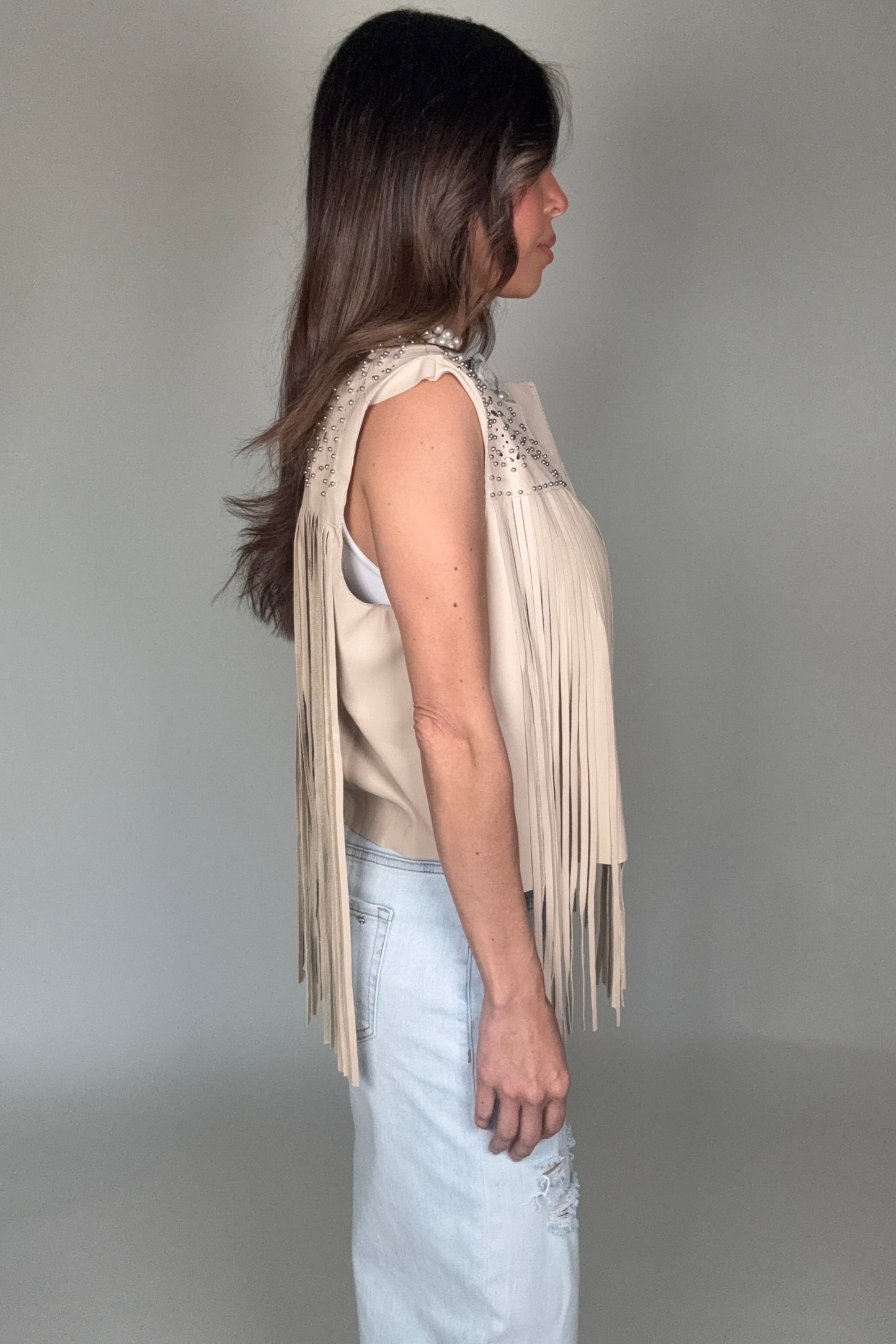 Beaded Yoke Faux Leather Fringe Vest - Born To Glam Born To Glam
