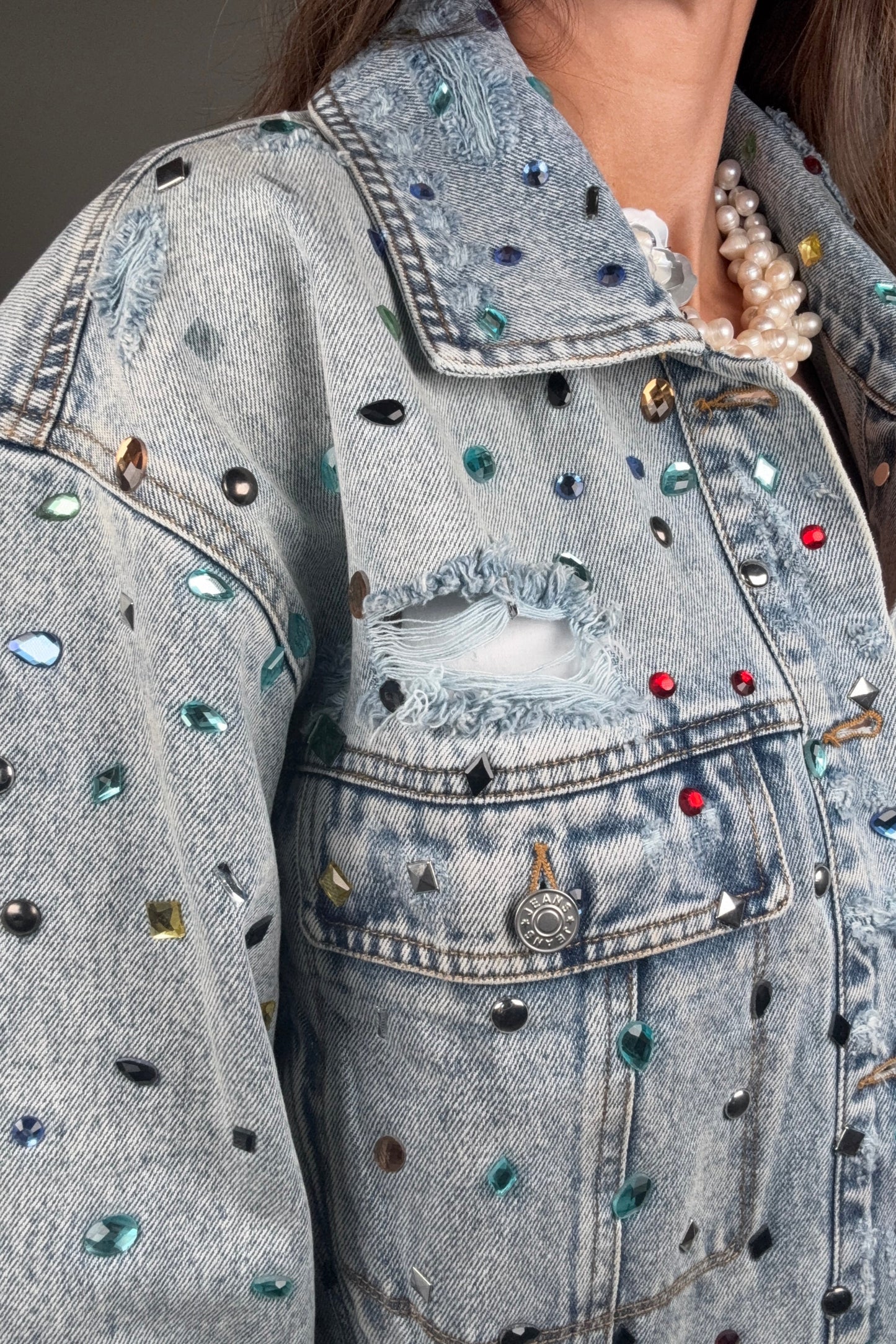 Distressed Jewel Embellished Stone Denim Jacket - Born To Glam Born To Glam