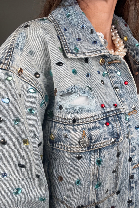 Distressed Jewel Embellished Stone Denim Jacket - Born To Glam Born To Glam