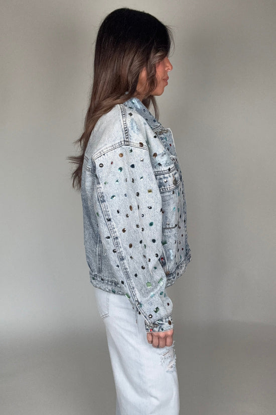 Distressed Jewel Embellished Stone Denim Jacket - Born To Glam Born To Glam