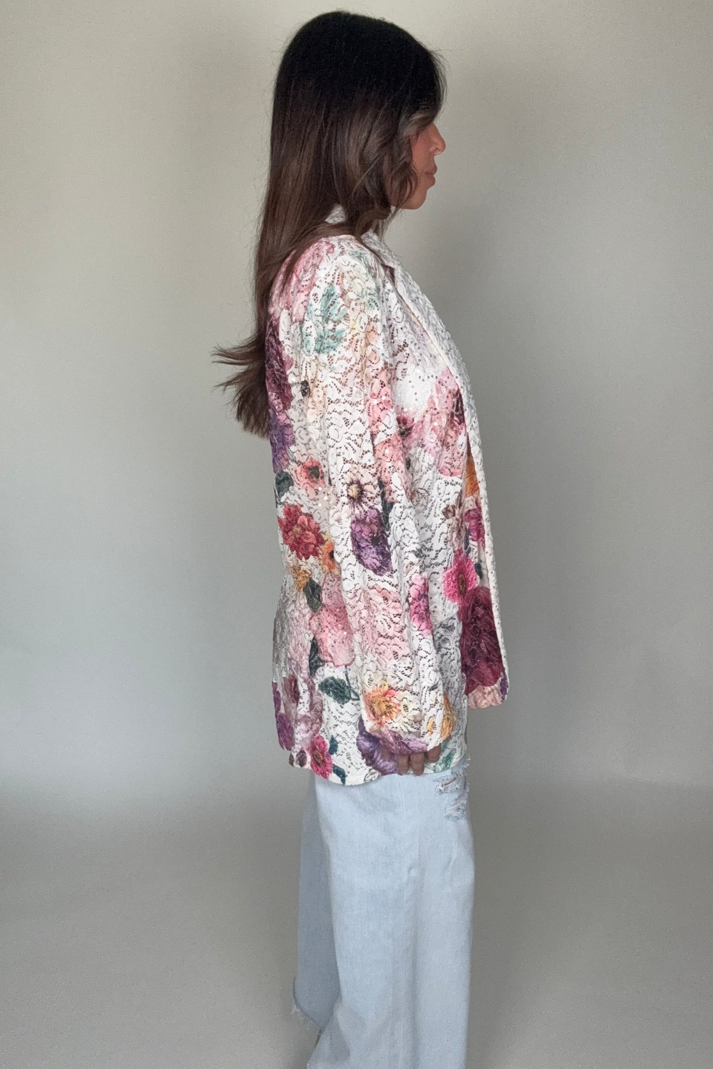 White Floral Lace Sequin Blazer - Born To Glam Born To Glam