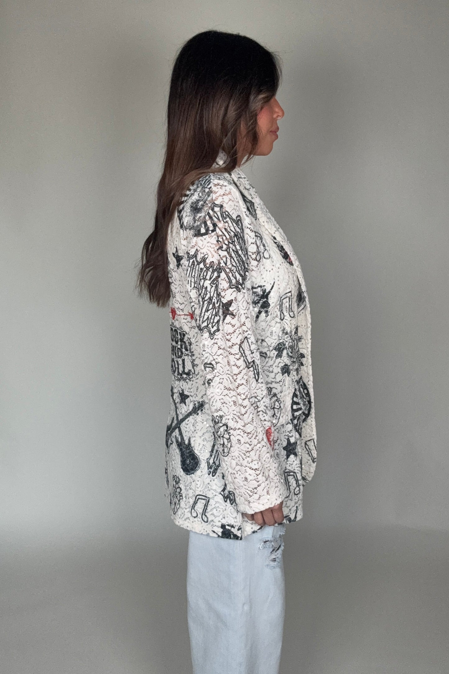 Rock And Roll Lace and Sequin Print Blazer Jacket - Born To Glam Born To Glam