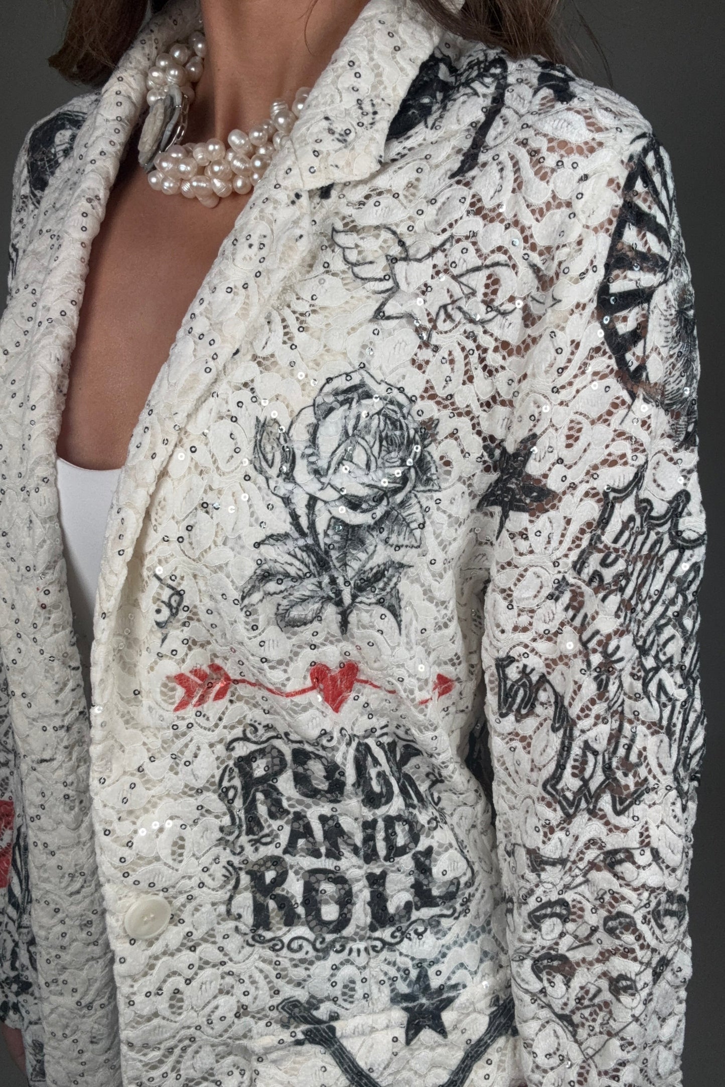 Rock And Roll Lace and Sequin Print Blazer Jacket - Born To Glam Born To Glam
