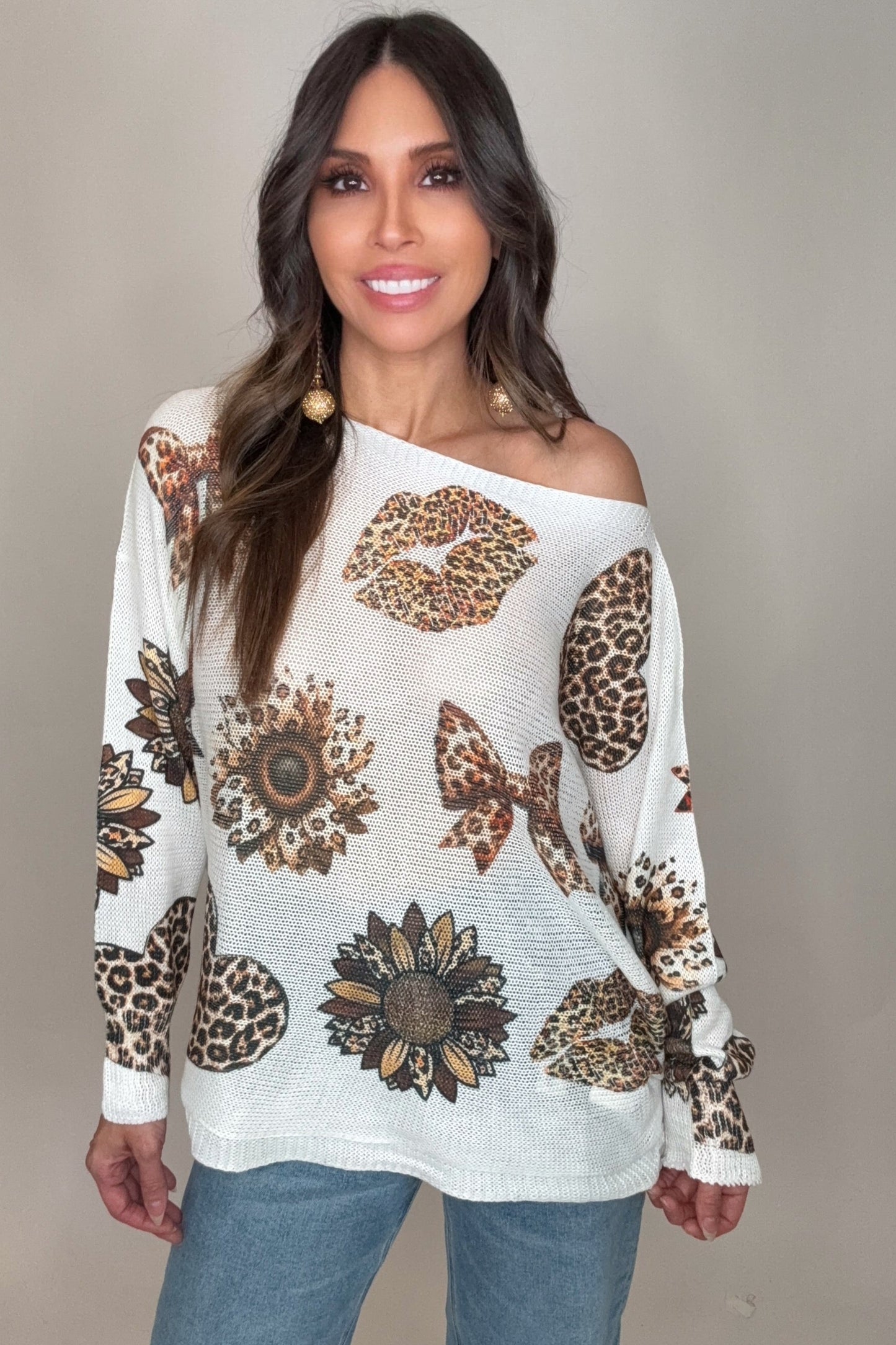 White Animal Print Round Neck Printed Sweater - Born To Glam Born To Glam