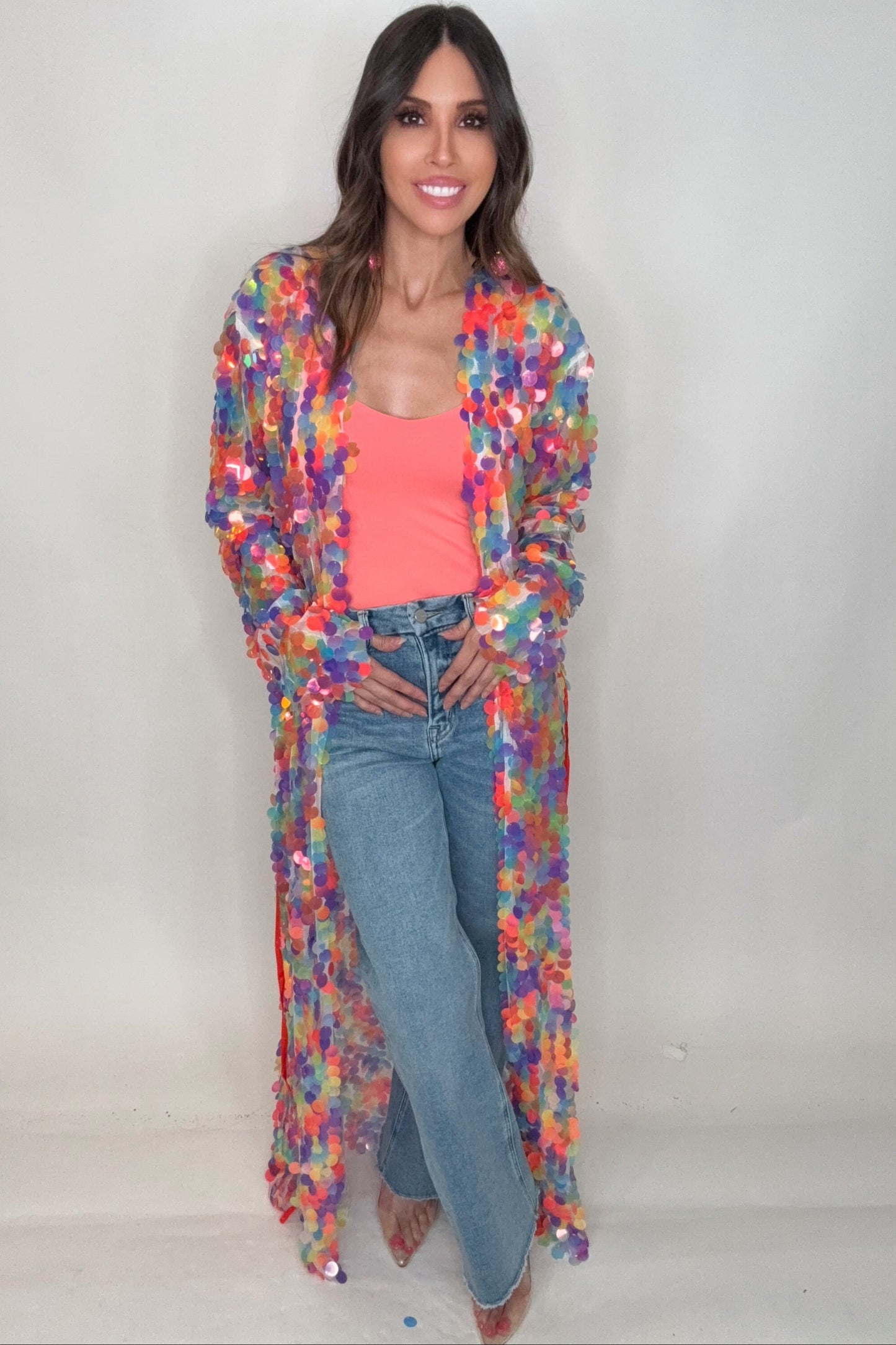 Sequined Mesh Ankle Length Belted Duster Robe - Born To Glam Born To Glam