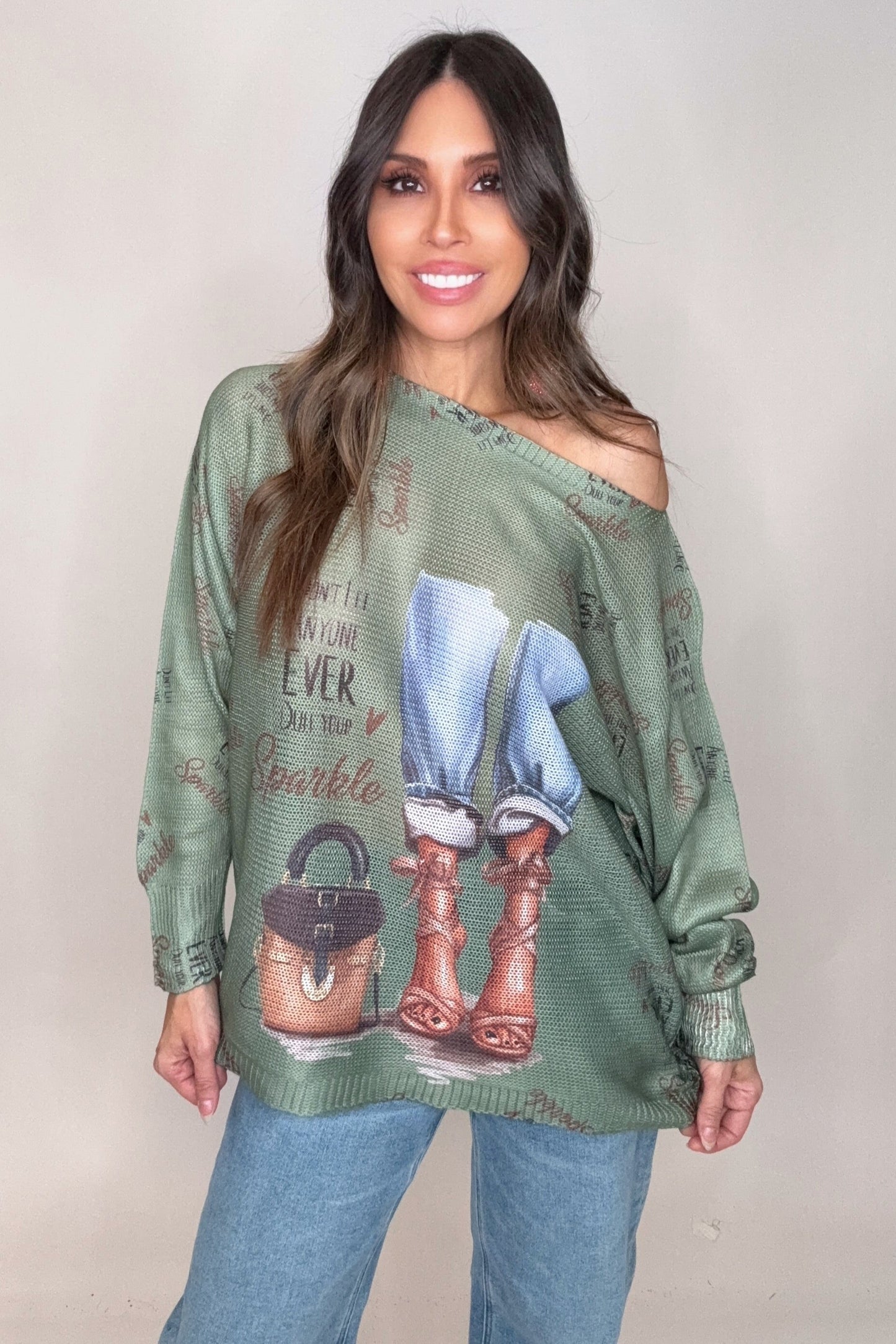 Vilego Olive Jeans Round Knit Printed Sweater - Born To Glam Born To Glam