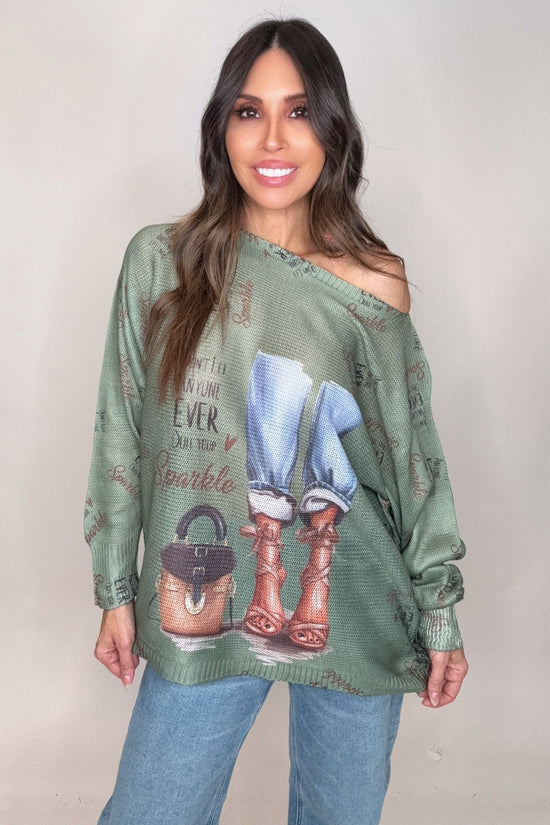 Vilego Olive Jeans Round Knit Printed Sweater - Born To Glam Born To Glam