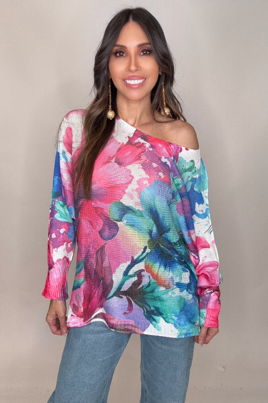 Fuchsia Floral Round Knit Printed Sweater - Born To Glam Born To Glam