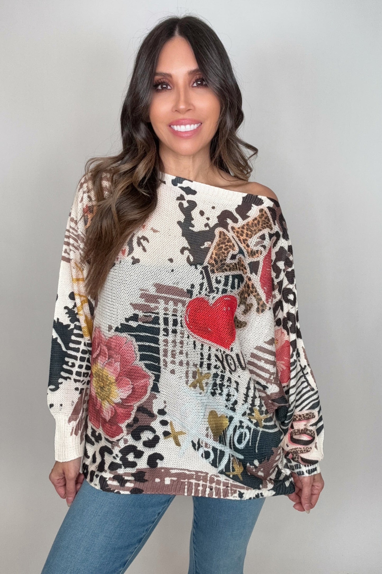 Floral Love Animal Print Round Neck Knit Printed Sweater - Born To Glam Born To Glam