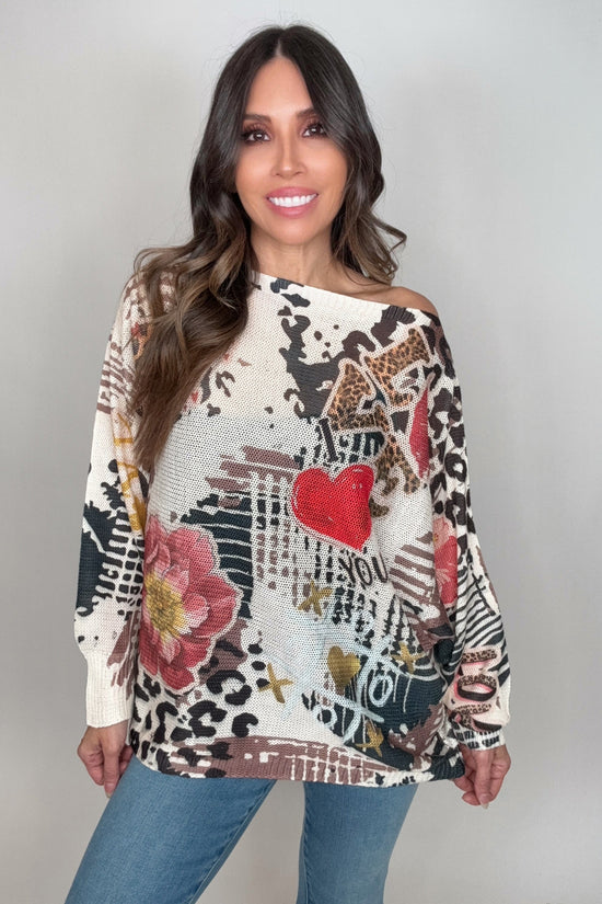 Floral Love Animal Print Round Neck Knit Printed Sweater - Born To Glam Born To Glam