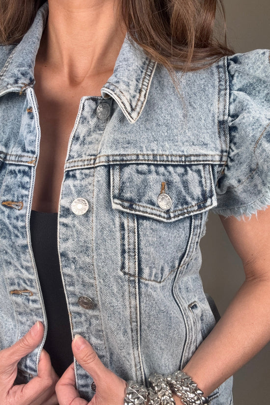 Washed Ruffle Sleeve Button-Up Denim Jacket - Born To Glam Born To Glam
