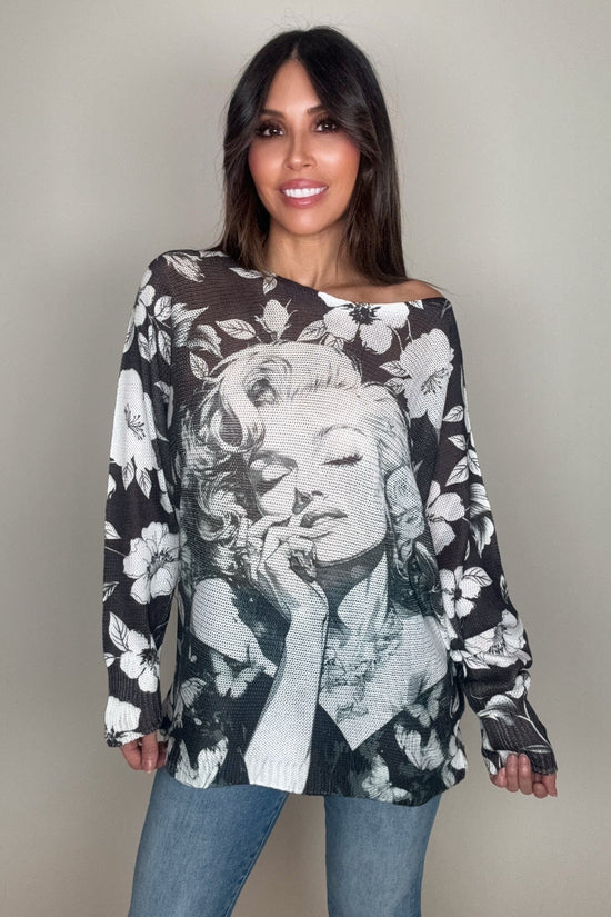 Black White Marylin Round Neck Knit Printed Sweater - Born To Glam Born To Glam