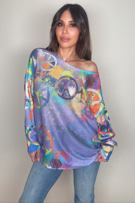 Purple Peace & Love Knit Printed Sweater - Born To Glam Born To Glam