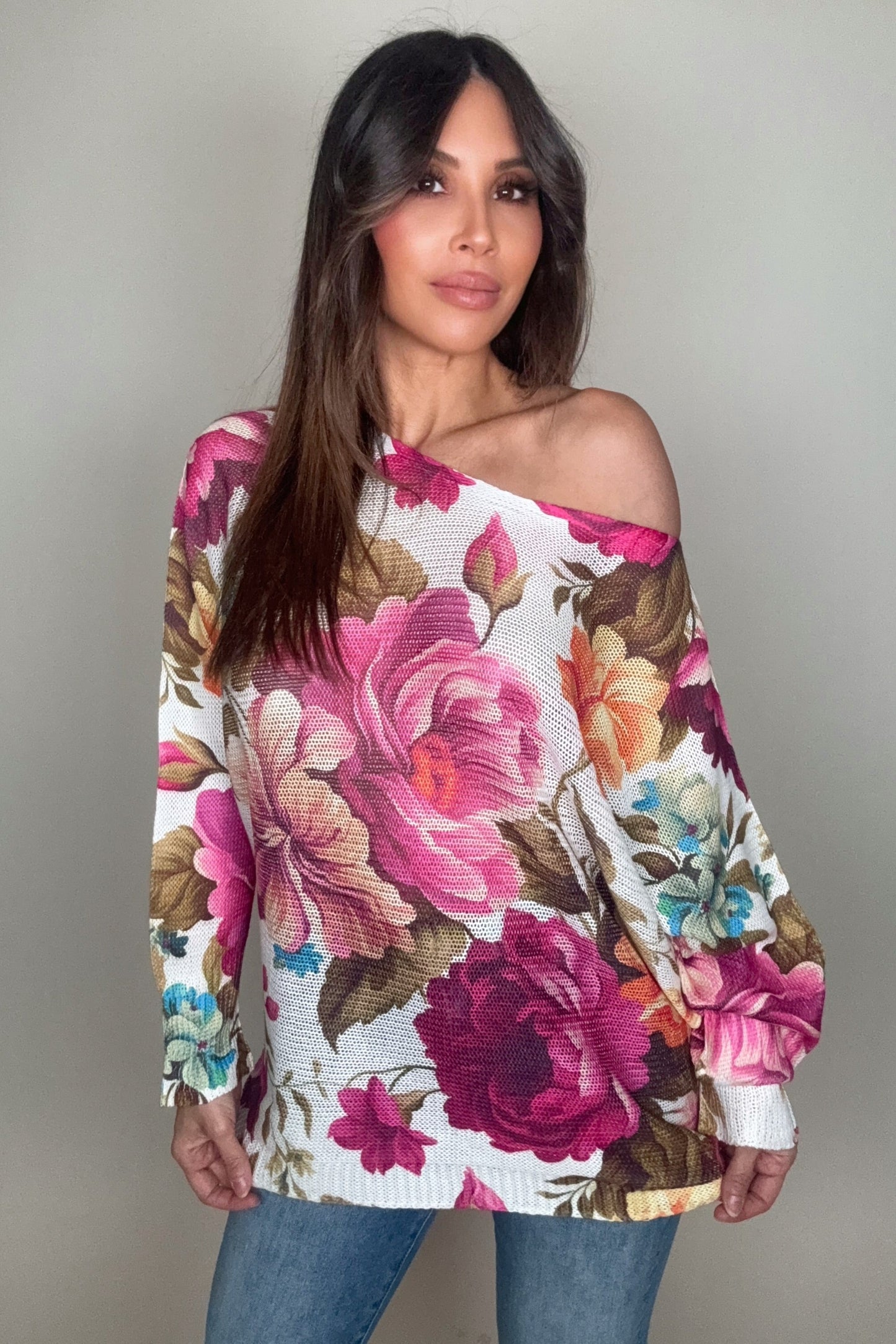 Fuchsia Floral Round Neck Knit Printed Sweater - Born To Glam Born To Glam