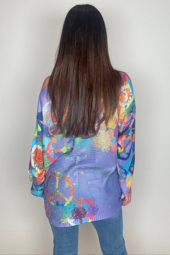 Purple Peace & Love Knit Printed Sweater - Born To Glam Born To Glam