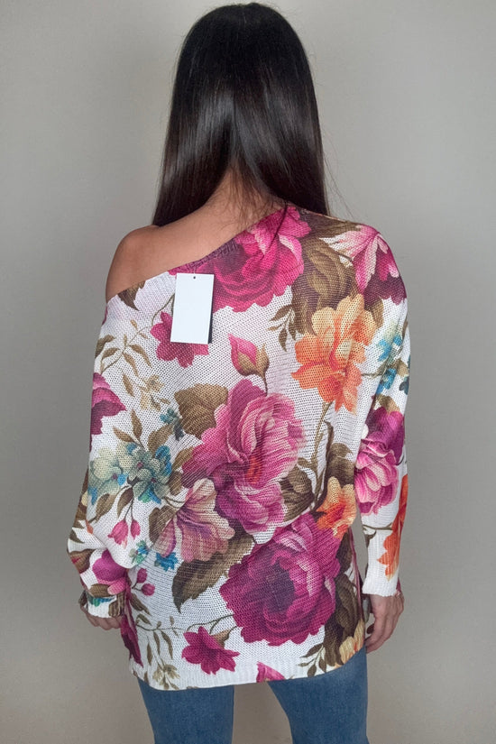 Fuchsia Floral Round Neck Knit Printed Sweater - Born To Glam Born To Glam