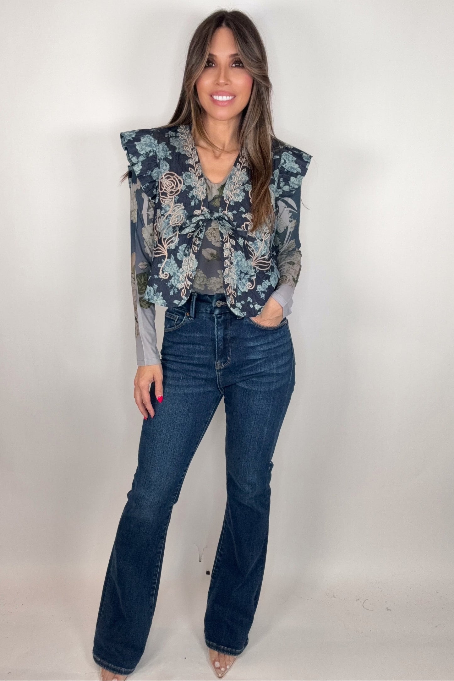 Midnight Indigo Floral Quilted Embroidered Vest - Born To Glam Born To Glam