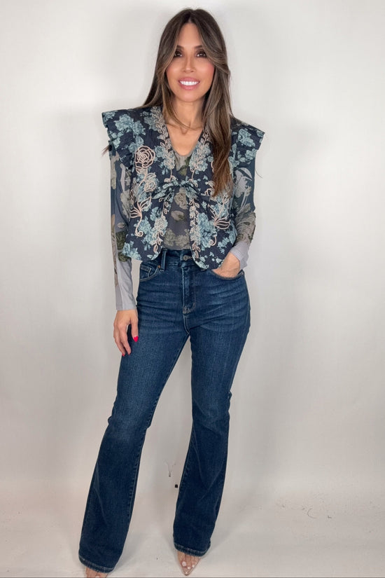 Midnight Indigo Floral Quilted Embroidered Vest - Born To Glam Born To Glam