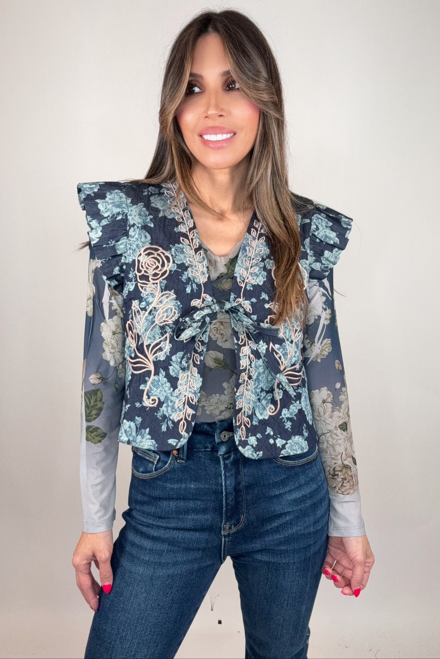 Midnight Indigo Floral Quilted Embroidered Vest - Born To Glam Born To Glam