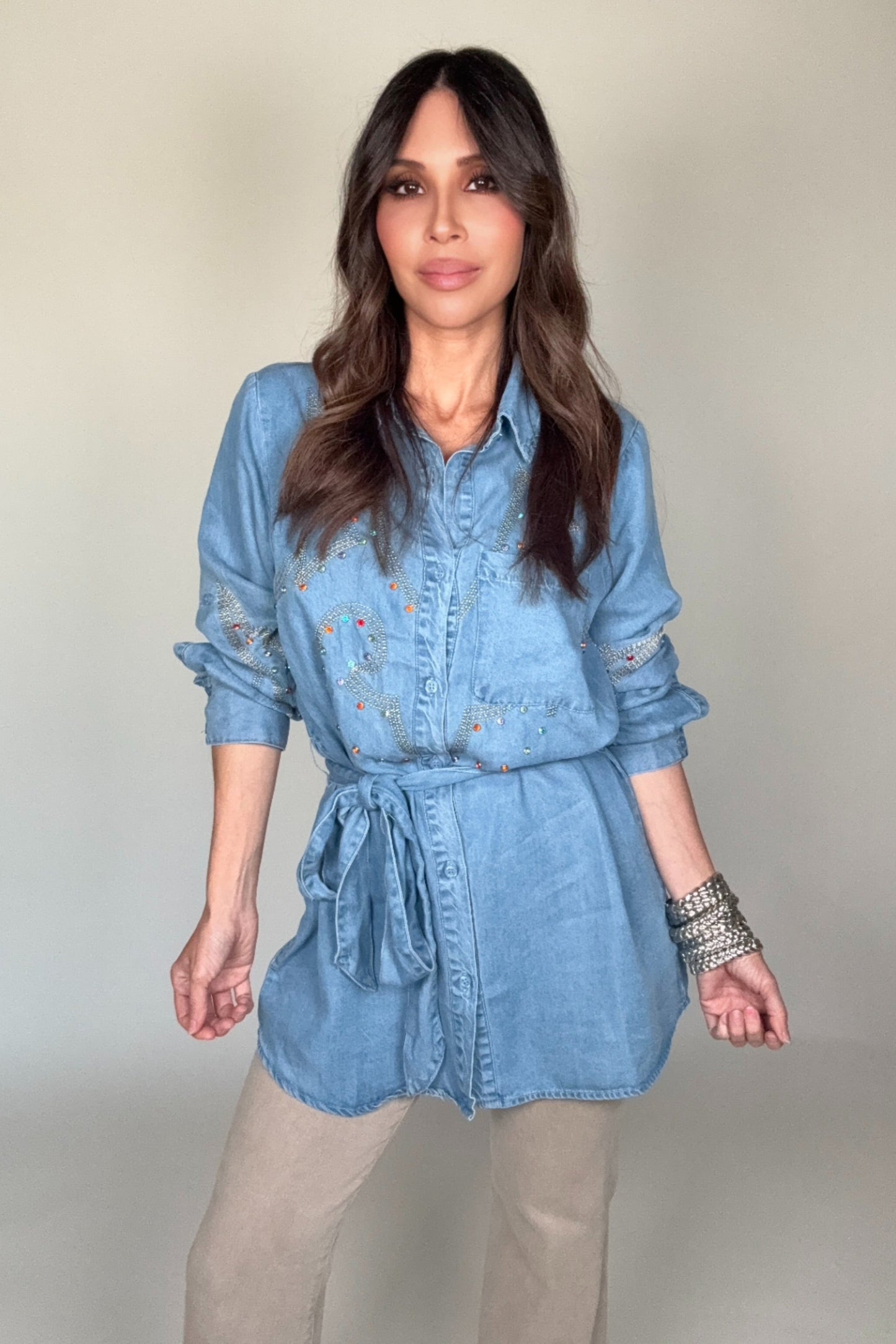 Tencel Chambray Embroidered Studded Tunic - Born To Glam Born To Glam