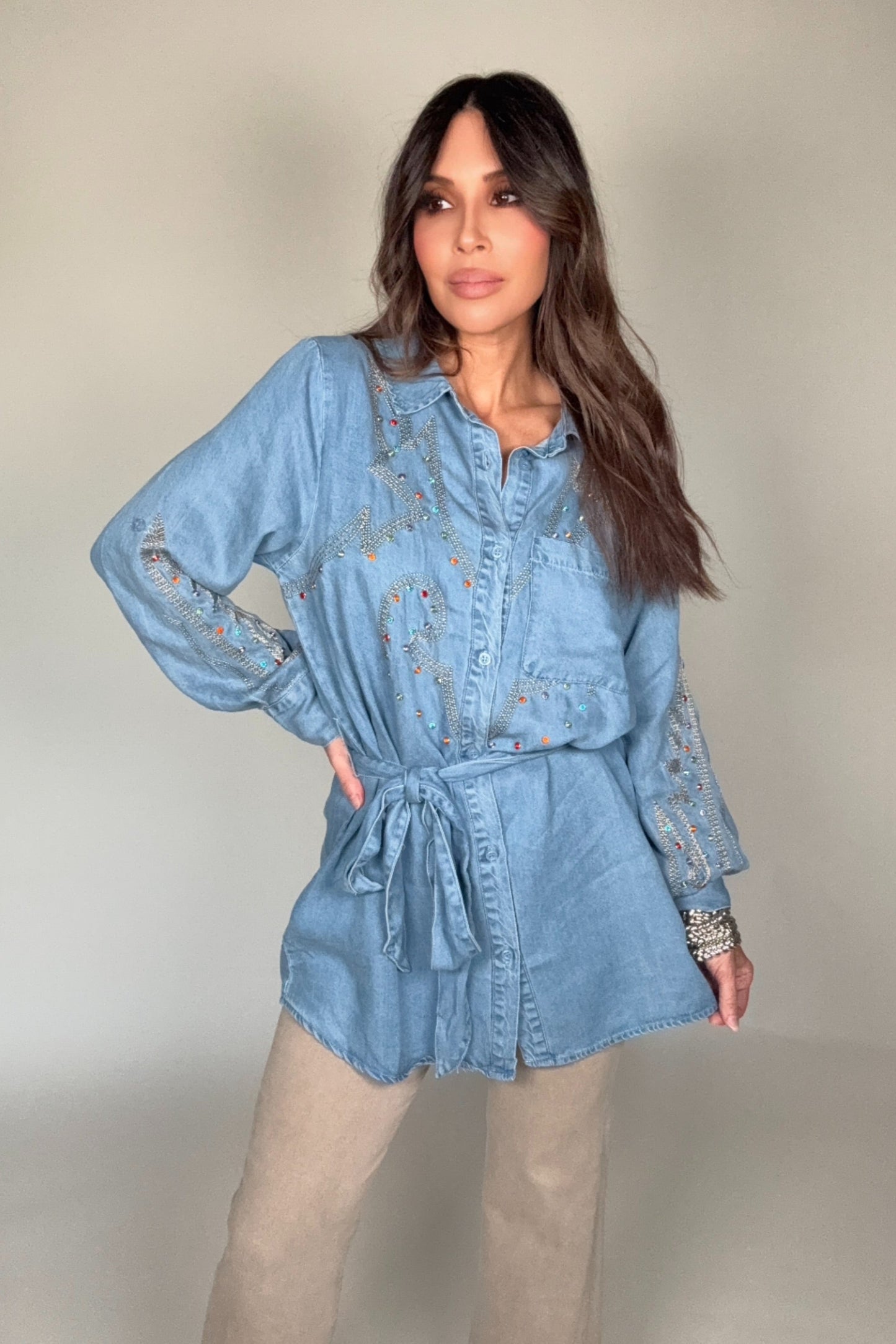Tencel Chambray Embroidered Studded Tunic - Born To Glam Born To Glam