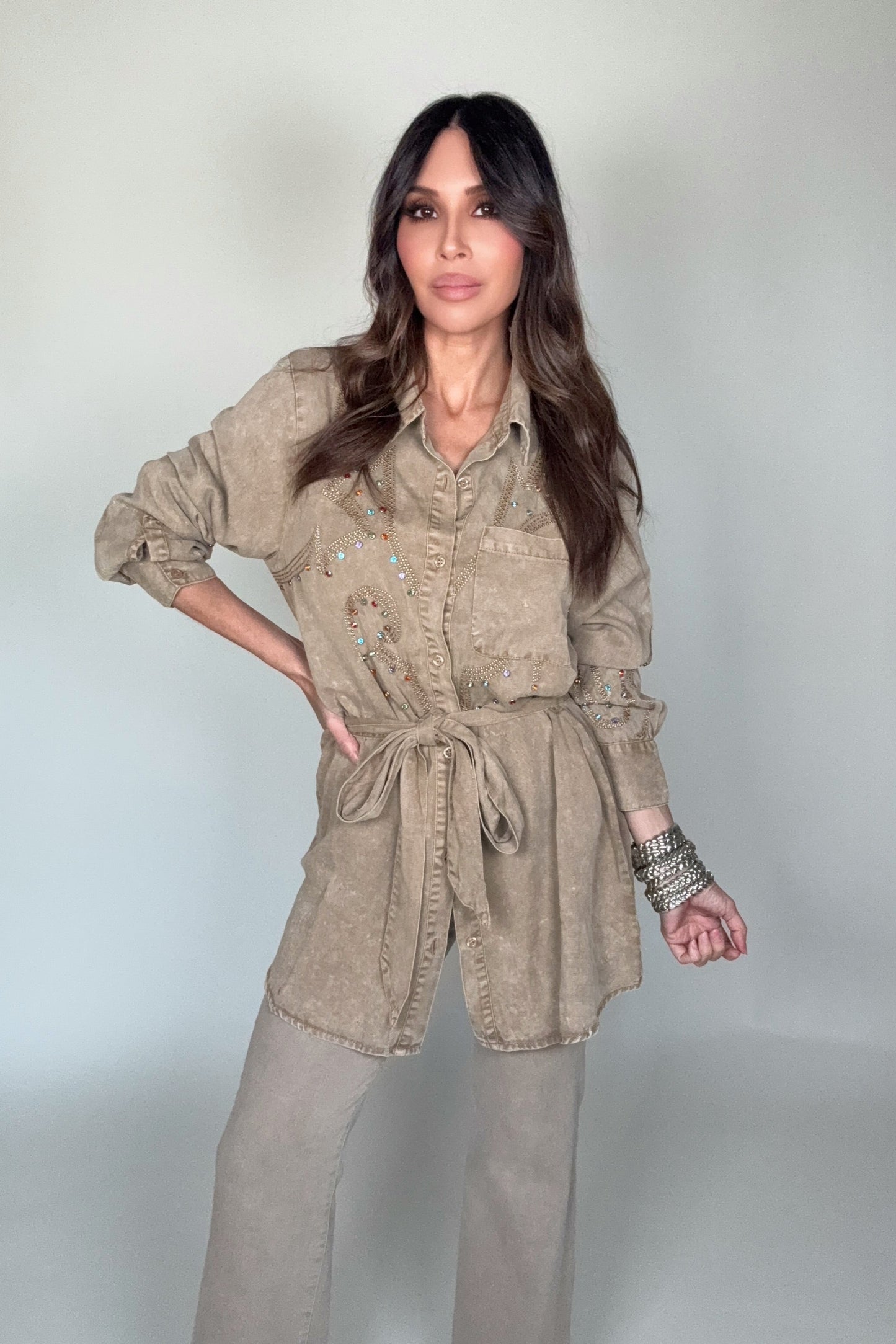 Tencel Chambray Embroidered Studded Tunic - Born To Glam Born To Glam
