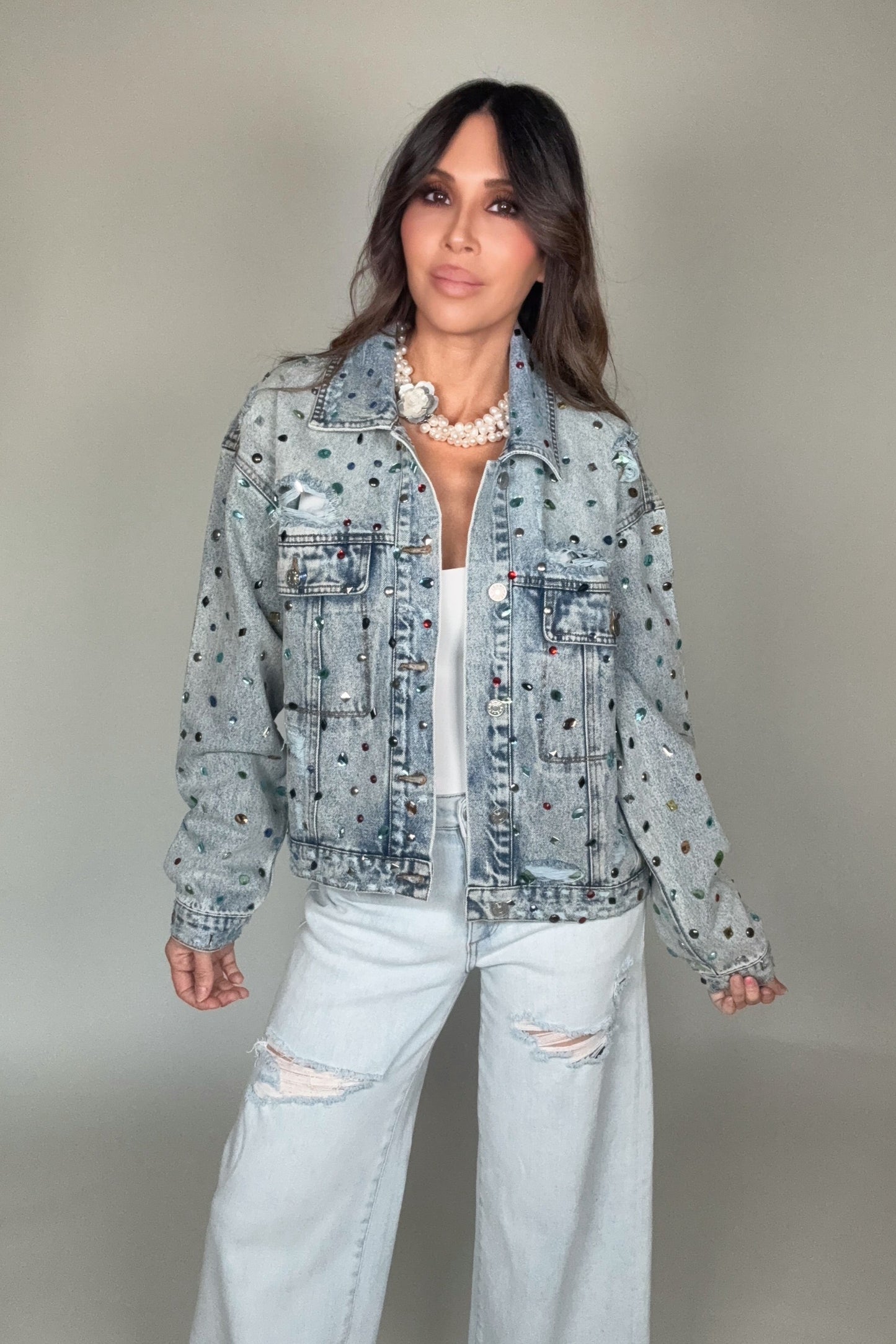 Distressed Jewel Embellished Stone Denim Jacket - Born To Glam Born To Glam