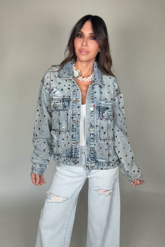 Distressed Jewel Embellished Stone Denim Jacket - Born To Glam Born To Glam