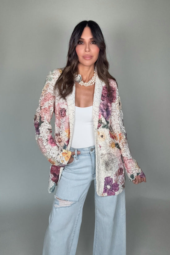 White Floral Lace Sequin Blazer - Born To Glam Born To Glam