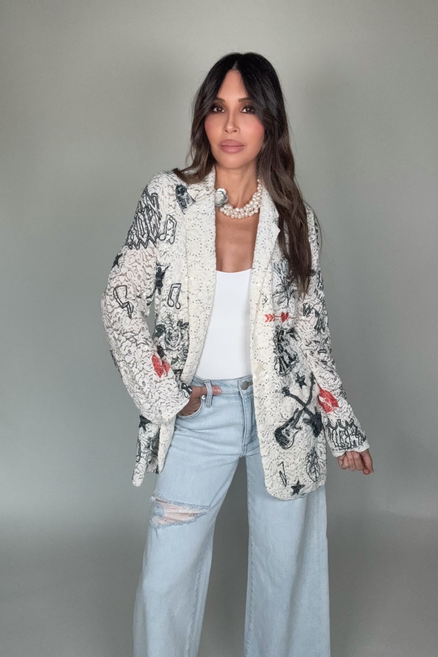 Rock And Roll Lace and Sequin Print Blazer Jacket - Born To Glam Born To Glam