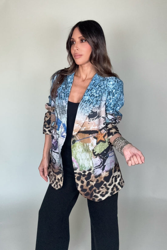 Blue Sequin Print Graphic Blazer - Born To Glam Born To Glam
